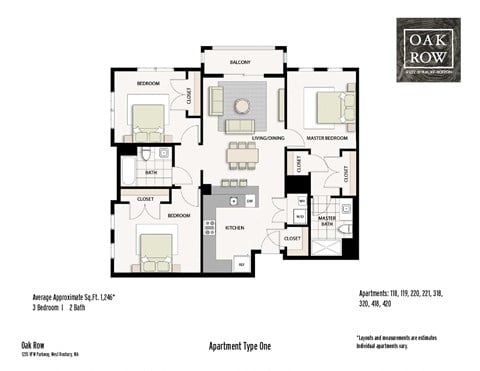 Floor plan for 3 beds, 2 baths, 1229 sqft